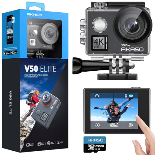 Image of AKASO V50 Elite 4K60fps Action Camera with 256GB MicroSDXC U3 Memory Card Accessories Kit Bundle Voice Control EIS 131 feet Waterproof Camera 8X Zoom Remote Control