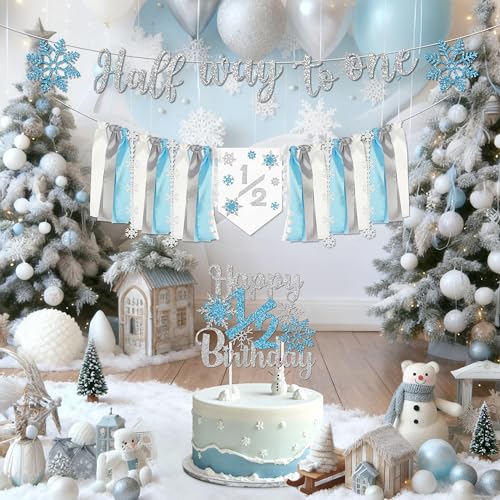 Image of 1 /2 Birthday Snowflake Half Birthday Decorations - Snowflake It's My 1 /2 Birth Banner Glitter Cake Topper Tassel High Chair Banner & Crown, Hat Halfway to One Boy Girl Party Supplies