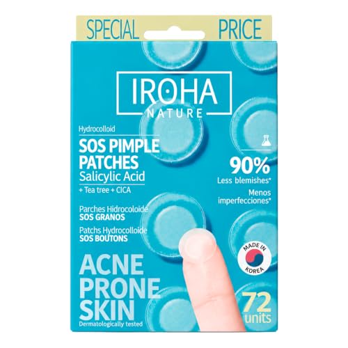 IROHA NATURE - Parches granos ácido salicílico piel grasa | 72 unidades | Árbol de té, centella asiática, hidrocoloide, veganos, facial y corporal, unisex