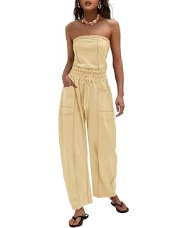 LAMISSCHE Womens Casual Strapless Jumpsuits off the Shoulder Summer Rompers Sleeveless One Piece Outfits with Pockets - Amazon product rated Grade A