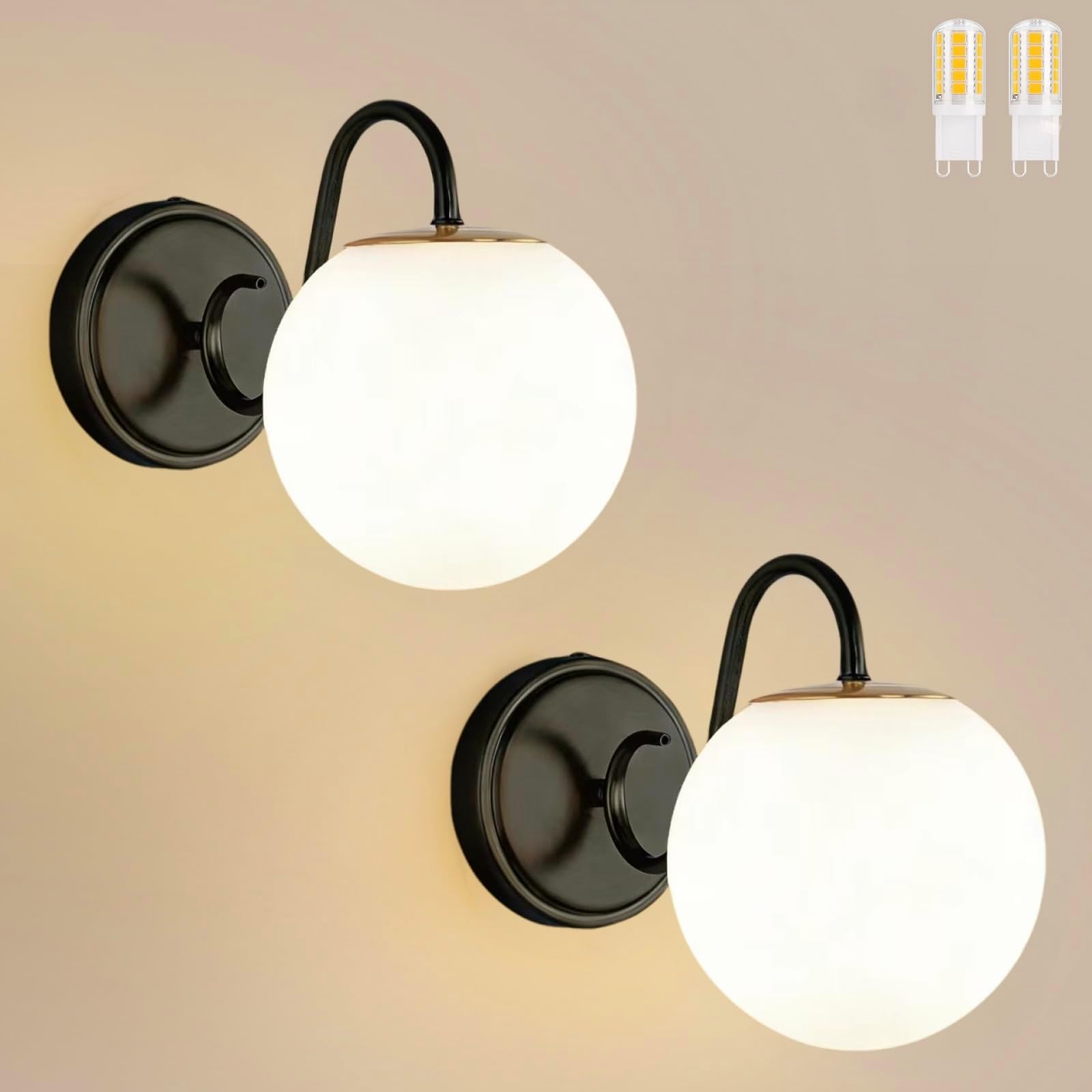 2-Pack Wall Sconce for Bathroom, Vintage Matte Black Vanity Lights, Wall Mount Light Fixtures With Milk Glass Globe Shade, Indoor Wall Lights Fixture for Bedroom Living Room Mirror Hallway(G9 Incl.)