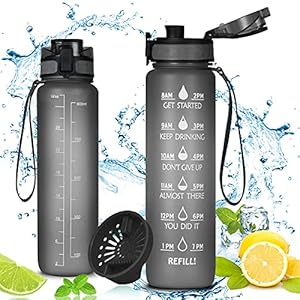 flintronic 1000 ml Lekvrije Beste Sport Waterfles Lek Proof, BPA Gratis Tritan Plastic Milieuvriendelijke Drinkflessen met Filter & Time Marker, One Click Flip Deksel, Deksel voor Gym Yoga Fitness Camping