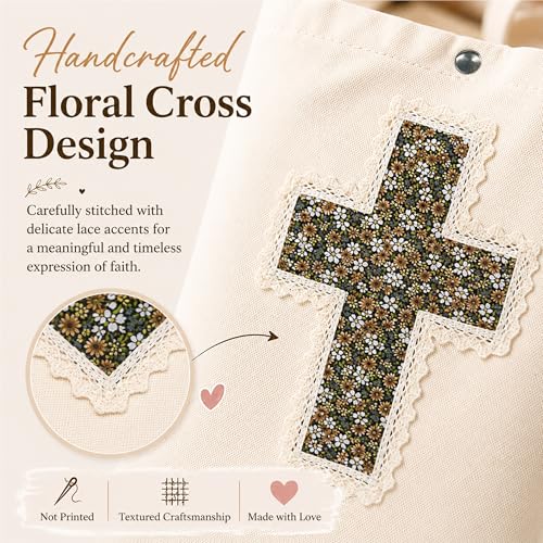 Image of Christian Tote Bag Gift for Women, Canvas Bible Bag Handmade Floral Cross | Christian faith-inspired gift, handcrafted cross with lace, inner pocket, snap closure, bottom gusset, church Bible study use
