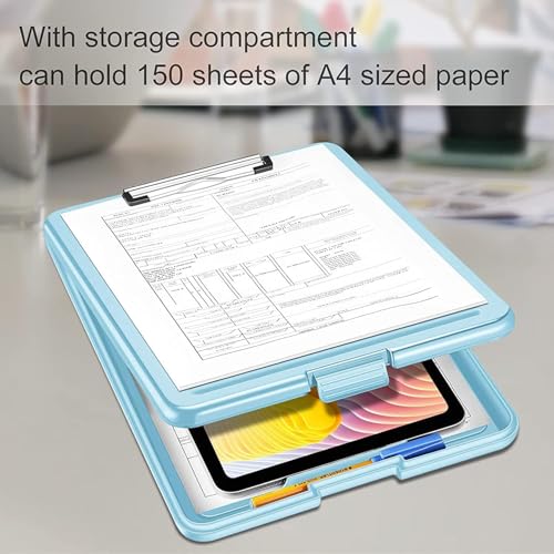 Image of YAJNAS A4 Foldable Plastic Clipboard with Built-in Storage and Pen Holder, Blue, 9.4 x 13.4 Inches / 24 x 31 cm, for Office, Travel, Students, Teachers, Doctors, Nurses, Professionals (Sky Blue)