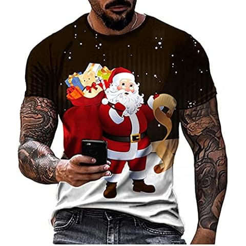 Christmas T-shirts for Men HJHGJ Santa Presents Printed Patchwork Colorblock Polos Short Sleeve O-Neck Tops Modal Soft Comfortable Slim-fit Tee Shirts Lightweight Thin Novelty Funny Fashion Shirts, L Cover