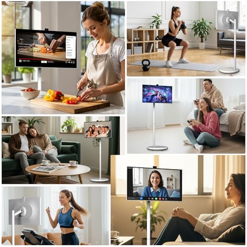 تلفزيون ذكي محمول FHD بسعة تخزين 4G+64GB، نظام تشغيل اندرويد 13، معتمد من EDLA، شاشة تعمل باللمس، تلفزيون دوار على عجلات، بطارية 4-6 ساعات، دوران كامل، عربي وجوجل بلاي (رمادي، 27 انش، 6G+128G)