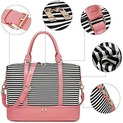 BLUBOON Weekender Overnight Bag Women Ladies Carry-on Tote Canvas Travel Duffle Bag with Shoe Compartment in Trolley Sleeve (289 Pink -black stripe) 6 BLUBOON Weekender Overnight Bag Women Ladies Carry-on Tote Canvas Travel Duffle Bag with Shoe Compartment in Trolley Sleeve (289 Pink -black stripe)