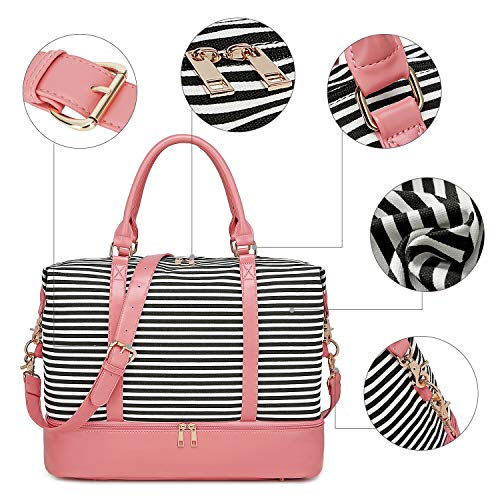 BLUBOON Weekender Overnight Bag Women Ladies Carry-on Tote Canvas Travel Duffle Bag with Shoe Compartment in Trolley Sleeve (289 Pink -black stripe)