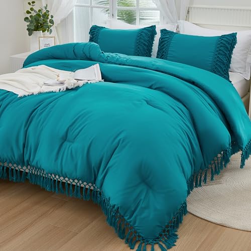 Image of Andency Turquoise Comforter Set Queen, 3 Pieces Boho Tassel Lightweight Soft Bedding Comforter Sets, All Season Fluffy Fringe Bed Set (90x90In Comforter & 2 Pillowcases)