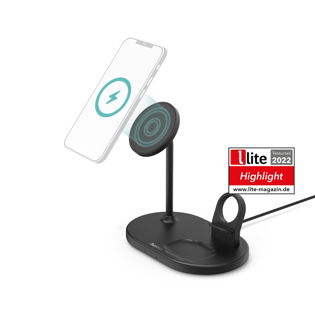 Hama MagCharge - Caricatore wireless per Apple iPhone, Apple AirPod, Apple Watch (stazione di ricarica induttiva con Quick Charge 15 W, ricarica wireless magnetica per Apple MagSafe e Hama MagLine)
