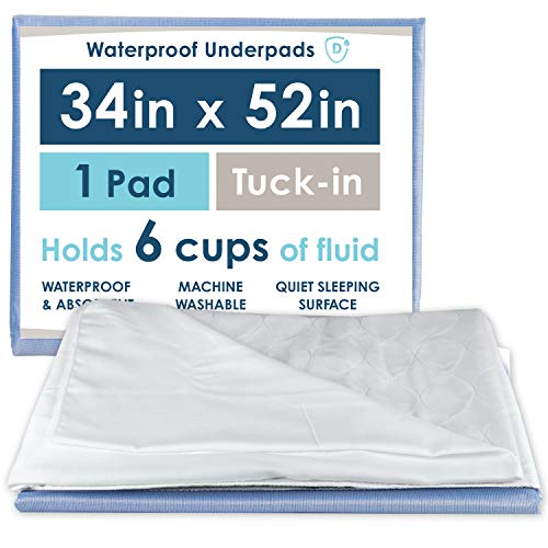 Dry Defender Waterproof Bed Pads for Incontinence - Absorbent Washable Underpad - Mattress Pads for Kids or Adults - Tuck in Tails, 34x52 Inch (Pack of 1)