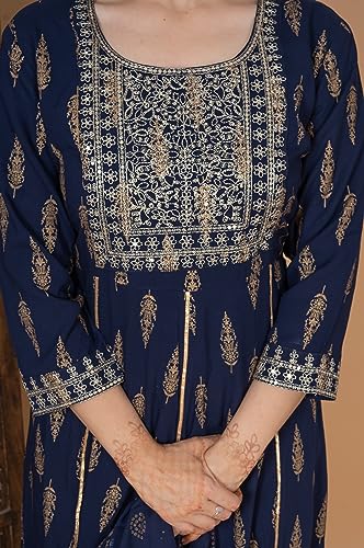 Image of MEERA FAB Women's Rayon Printed Blue Anarkali Kurta with Palazzo & Dupatta Set