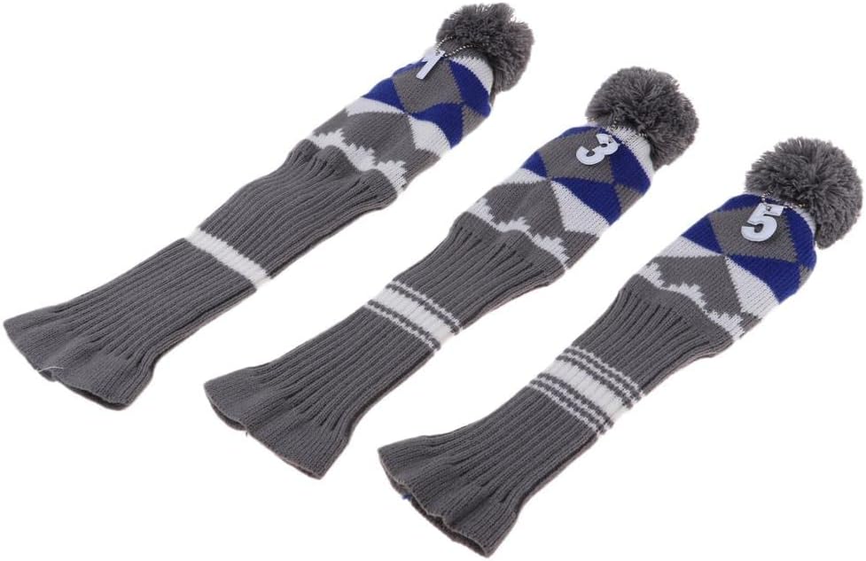 3Pcs Vintage Golf Club Head Covers Pom Pom Knit Socks - Set of 3 Double Strength Covers - Gift for Golfers - Shaft ion - Tag Numbers Included - Color D