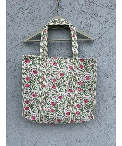Image of Quilted Cotton Handprinted Reversible Large multicolor Floral Tote Bag,Hand Block Print Shopping Shoulder Carry Bag