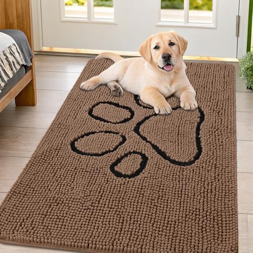 Image of Smiry Dog Door Mat for Muddy Paws, Absorbent Dirt Trapper Non Slip Quick Dry Washable Chenille Mat for Mud Dogs, Entry Rug for Indoor and Outdoor (47x32 Inches, Coffee and Black)
