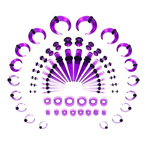 Jstyle 68 Pieces Ear Stretching Kit 14G-04G, Acrylic Tapers Plugs, Acrylic C Shape Pincher Tapers, Silicone Tunnels, Ear Gauges Expander Set Body Piercing Jewelry Purple #TOP18