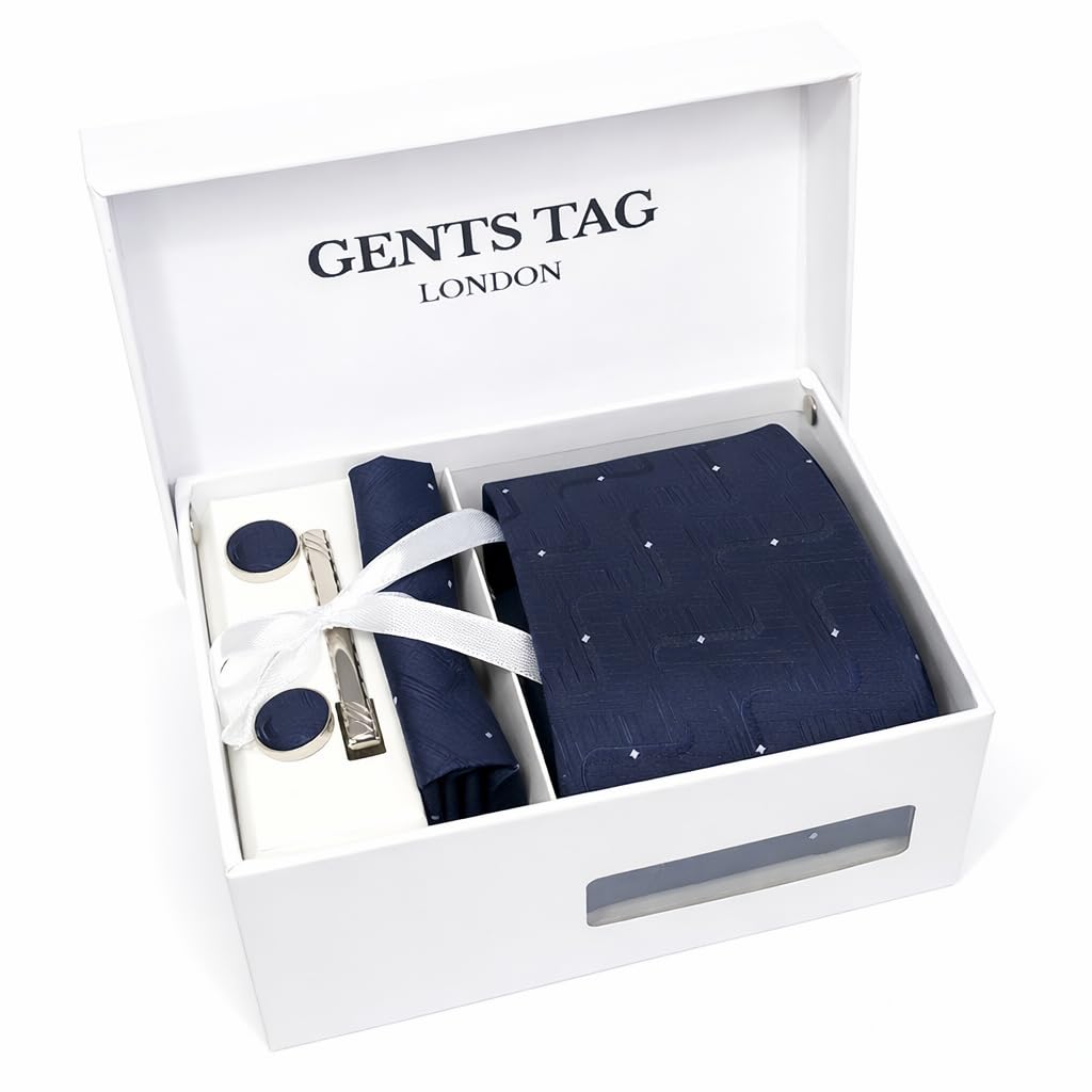 Men’s Tie and Pocket Square Set with Cufflinks, Tie Clip & Gift Box – Formal Necktie Set for Weddings, Office Wear & Gifts (Navy Polka Dot)