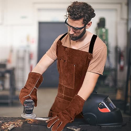 Eletecpro DHWQ-JC9001BROWN/JNMP Woodworking Apron Heavy Duty- Length 42 Inch 6 Pockets Leather Welding Apron & Welding Gloves Cowhide Fire/Heat Resistant Shop Apron Men/Women  thumb #6