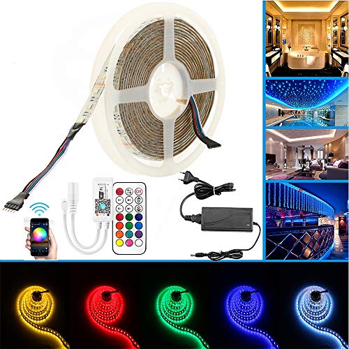 Cadena de luces LED FVTLED, 5 m, impermeable IP65, de colores, con 300 luces LED (SMD 5050), con mando a distancia WiFi, 5 A, 60 W, fuente de alimentación o transformador, 12v Alexa
