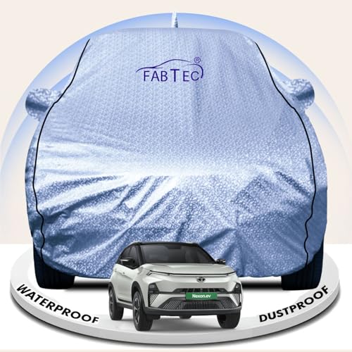 Image of FABTEC Metallic Silver Waterproof Car Body Cover for Tata Nexon Sun, UV and Dust Protection with Mirror and Antenna Pocket (Reflective Silver with Black Piping)