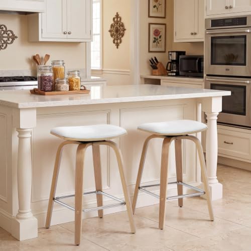 Butacos Altura Barra Set de 2 Unidades - Sin respaldo, Giratorios, Altura 26", con Estructura de Madera y Asiento Tapizado en Lino, Color Beige miniatura 1
