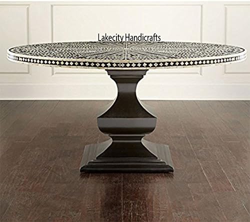 Bone Inlay Floral Design Big Round Dining Table Black Color