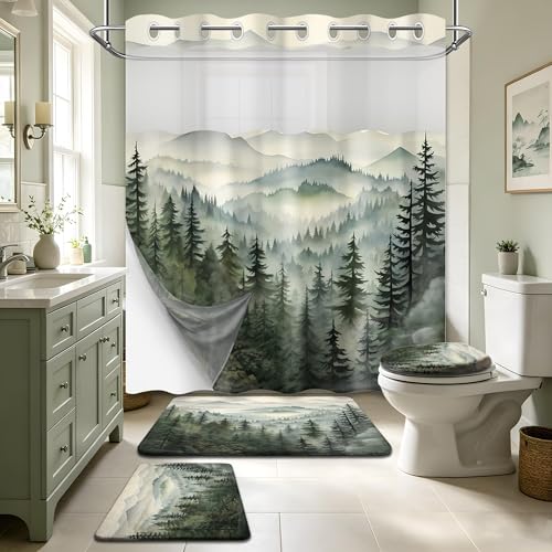 Green Forest Hookless Shower Curtain Sets with Rugs, Rustic Bathroom Decor