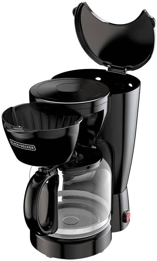 BLACK+DECKER CM0910BKD 12-Cup Coffee Maker, top view with lid open and filter basket visible