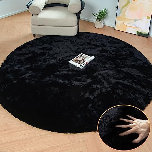 Black Round Area Rug 5ft Washable Faux Fluffy Fur Rug for Bedroom Circle Nursery Rug for Living Room Girl Room Cute Décor