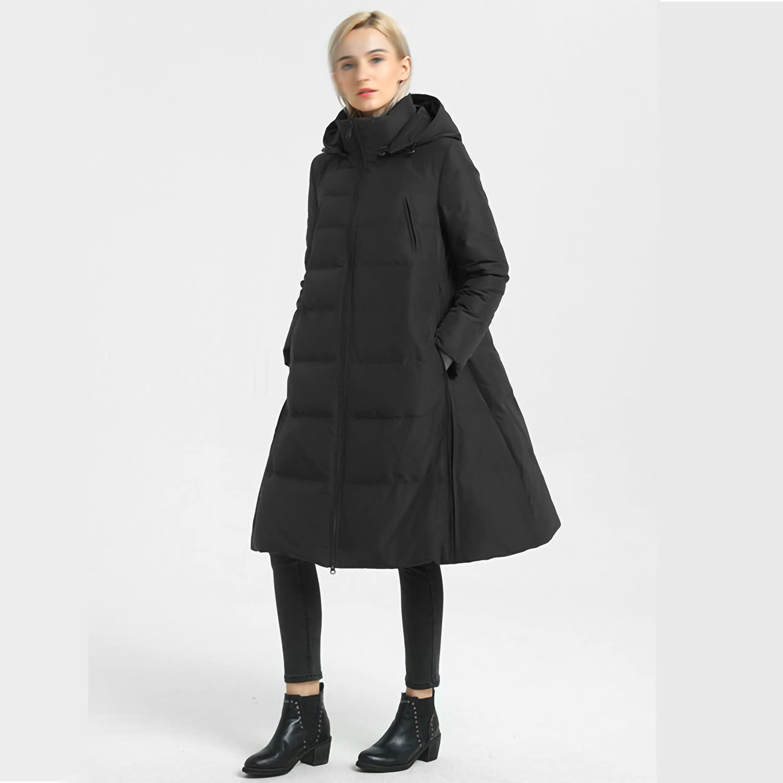 YCSTEYCSTE Winter Ladies Mid-Length Down Jacket, Parka Coat with Hooded Skirt, Warm and Casual Ladies Jacket, Suitable for Travel, Walking and Daily Life,Black-XL