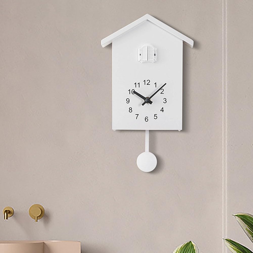 Zilimontt Horloge à coucou avec carillon et pendule, horloge à coucou moderne et minimaliste, alimentée par piles, horloge murale à coucou pour décoration murale, maison, cuisine, bureau (blanc