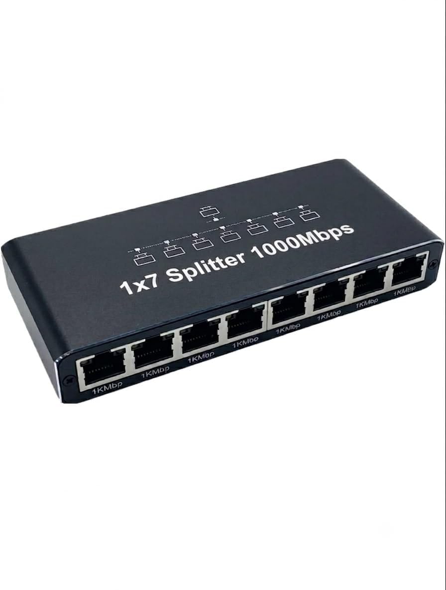 Ethernet Splitter 1x7, Gigabit Ağ, 1000Mbps, RJ45, 8 Port, Siyah, 14cm x 6.2cm Boyutlarında