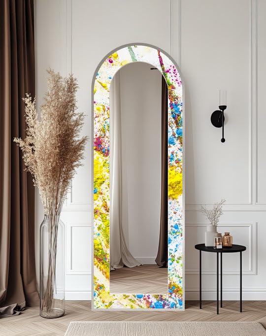 Colorburst Splash - Specchio da pavimento astratto ad arco a tutta lunghezza - Specchio da pavimento colorato a corpo intero con cornice nera con cornice nera
