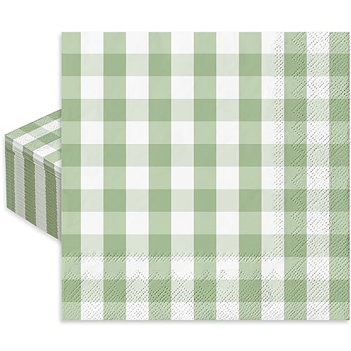 Whaline 6.5inch x 6.5inch Sage Green Paper Napkin Plaid Wedding Napkins Disposable Luncheon Paper Napkin Dinner Napkin for Wedding Bride Shower Party Supplies Tableware Decor,80Pcs