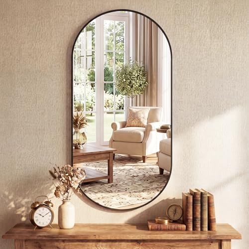 Image of Sweetcrispy 24 inch x 48 inch Black Bathroom Mirror for Wall, Oval Wall Mirror with Metal Frame, Tempered Glass, Modern Vanity Mirror for Over Sink, Living Room, Bedroom, Entryway, Horizontal or Vertical