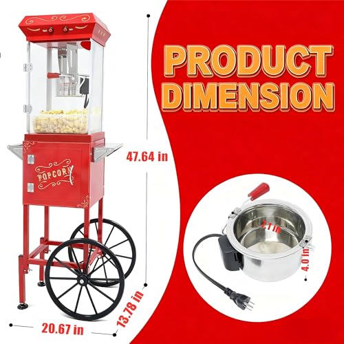 Image of Popcorn Machine with Cart & Wheels 8OZ - Pop corn Machine Maker with Stainless Steel Kettle, Popcorn Maker Machine for Home, Theater Style, Parties, Christmas, Outdoor Use,School, Red