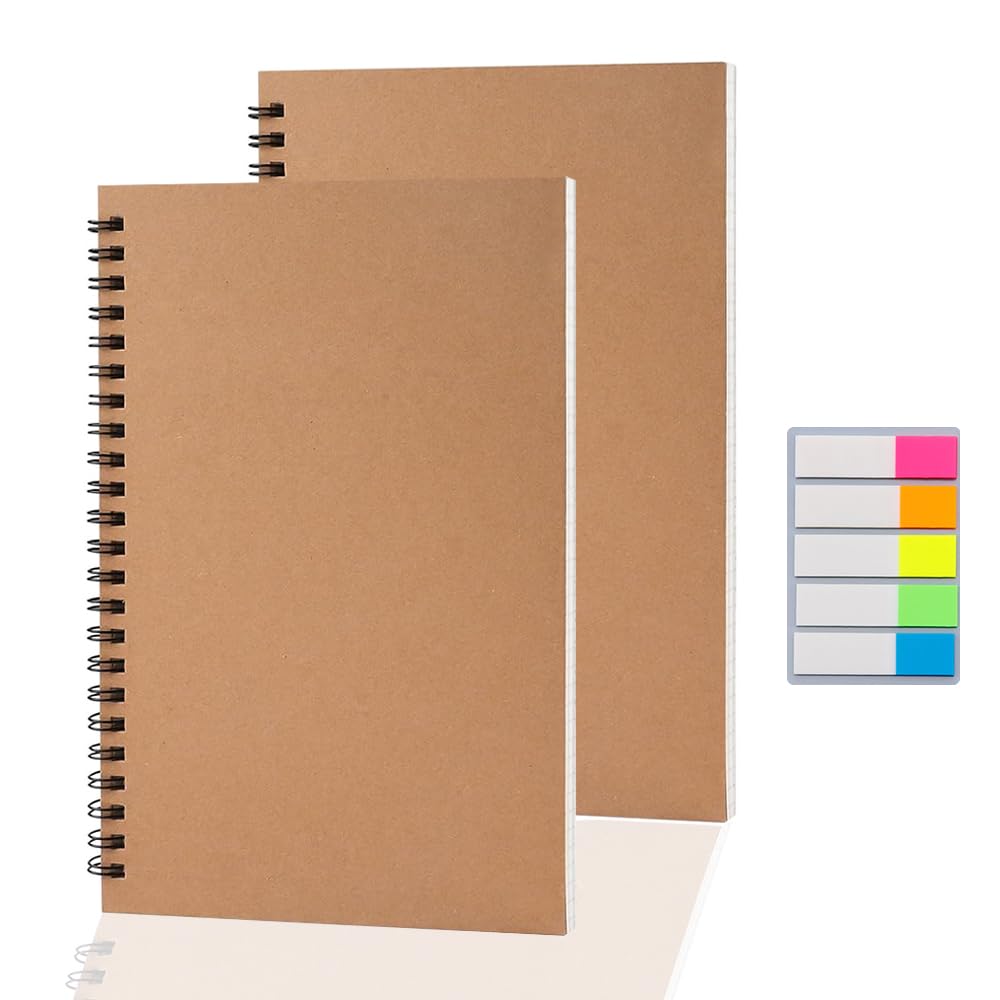 2 Pack A5 Squared Paper Notebook with 1 Pack Sticky Notes 50 Sheets 100 Pages 5mm Grid Spiral Notebooks Notepad Kraft Cover Wirebound Journal Graph Paper Wirebound for Home Office School Diary Travel