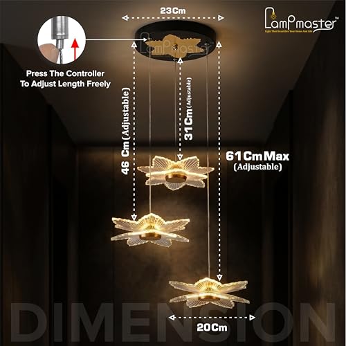 Image of Lamp master 3 Zyra Wave LED Pendant Light | Modern Acrylic Hanging Chandelier with Antique Gold Finish | 3 Color Modes Ceiling Light for Living Room, Bedroom, Dining Room, Cafe | 1 Year Warranty