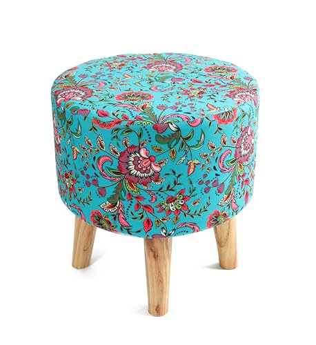 Image of NACIA Velvet Printed Ottoman Chair with Stool Combo | Dressing Table Chair for Bedroom Makeup Room Decor | Modern Upholstered Ottoman with Wooden Legs for Living Room (18x18x32 Inches, Blue Leaf)