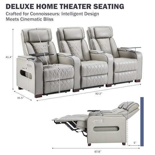 Image of GUEAPY Power Reclining Sofa Home Theater Seating with Adjustable Headrest, Breathable Leather Electric Recliner with LED Lighting, Cup Holders, USB Charging & Tray Table, Row of 5
