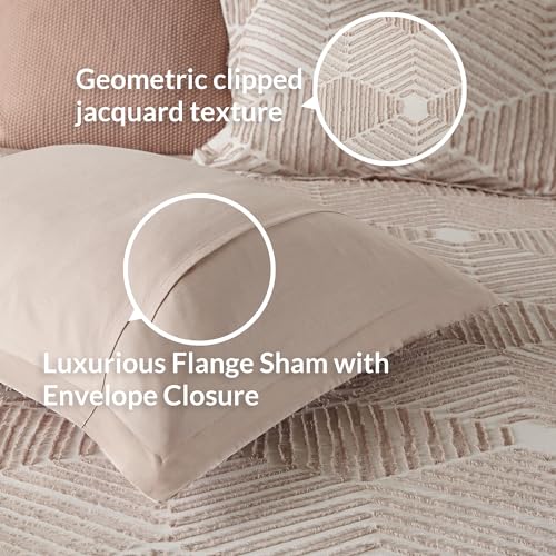 Image of Ink+Ivy Queen Comforter Set Geometric Cotton Comforters Farmhouse with Clipped Jacquard, All Season, Down Alternative Lightweight & Fluffy Bedding, Matching Shams, Ellipse, Full /Queen, Blush 3 Piece