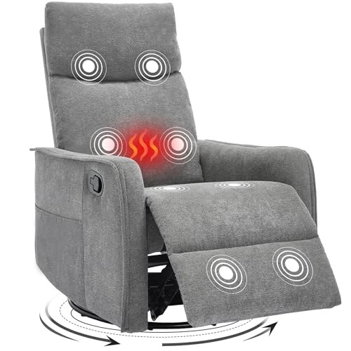 Trustyue Swivel Rocker Recliner Chair, 360° Swivel Recliner with Heat and Massage, Rocker Recliner Nursery Glider Chair with Side Pockets for Living Room (Grey, Fabric)