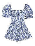 Milumia Women's Boho Floral Print Square Neck Puff Short Sleeve Rompers Jumpsuit Blue and White Small