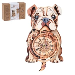 3D Wooden Puzzles for Adults, 3D Puzzles Bulldog Clock(with Pendulum) 32Pcs, Beginners Wooden Puzzle for Adults Teens Home Wall Decor Clock Crafts for Adult Puzzle Gift for Women Men