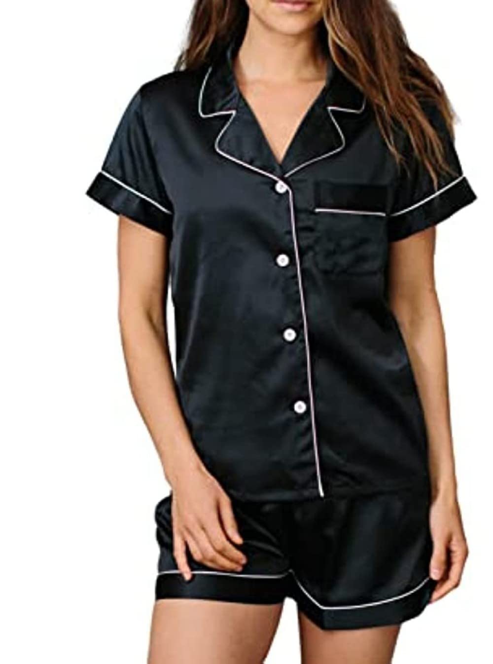 Pijama De Mujer Manga Corta,Botones De Solapa Negros Pijama De Manga Corta De Verano Para Mujer Conjunto De 2 Piezas Pijamas Suaves Y Cómodos Para Mujer Ropa De Descanso Regalo Del Día De La Madre