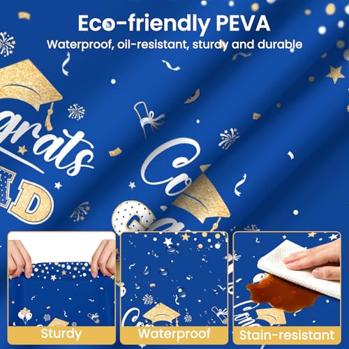 Image of LANLISA 4 Pack Graduation Tablecloth Disposable, Graduation Decorations 2026, Gongrats Grad Table Cloths for Graduation Party Supplies, Class Blue Gold Tablecover, 54 inchx108 inch