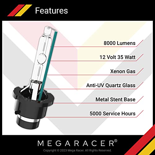 Mega Racer D4S Hid Bulb 8000K Ice Blue D4S/D4R Xenon Hid Bulbs For Low Beam High Beam Replacement Bulbs, 35W Metal Stents Base 12V Ip68 Waterproof, Pack Of 2 #TOP1
