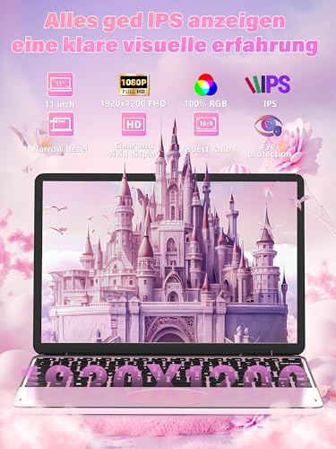 Fsjun 11-Zoll-Pink 2-in-1 Touchscreen-Laptop, N100(Beat N95 N5095), 16GB RAM, 1TB SSD, FHD IPS, Hintergrundbeleucht Tastatur,Wi-Fi, Type-C, HDMI,Leicht, tragbar (Rotgold, 16+512G)