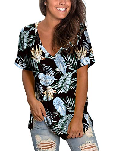 Image of Sampeel Women's V Neck T Shirts Casual Rolled Short Sleeve Side Split Summer Tops Loose Fit