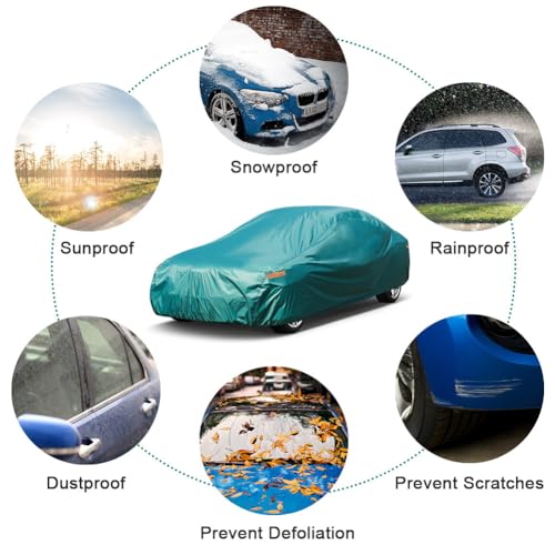Image of Kayme Lightweight Car Cover Waterproof All Weather with Lock, Outdoor Full Cover Snowproof Protection, Universal Fit for Ford Mustang, Chevrolet Camaro /Beretta, Cadillac ELR Etc(186-193 inch, Green)